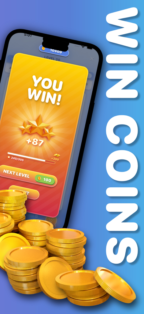 Victory screen in the Word Search app showing three gold stars and earned coins