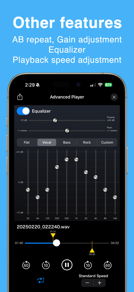 PCM Recorder Lite - PCM Recorder Lite app screenshot showing advanced playback features including an equalizer and speed adjustment controls