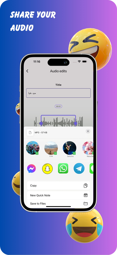 Smartphone screen showing the share menu for a custom meme audio clip with options for WhatsApp Telegram and Snapchat