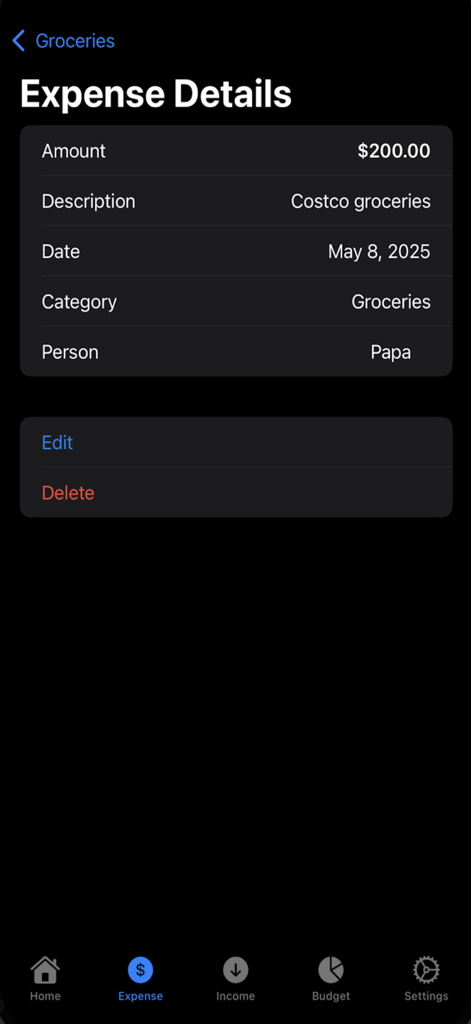 Track.Money - Detailed view of a grocery expense entry in the Track Money app showing transaction amount and person assigned.