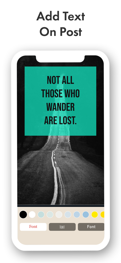 Photo Poster Maker - 色とフォントのオプションを使用して写真に引用やテキストを追加するためのモバイルアプリインターフェース