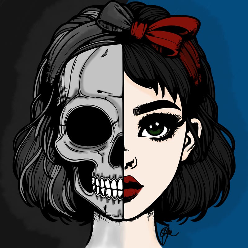 realistic girl with half skull mask