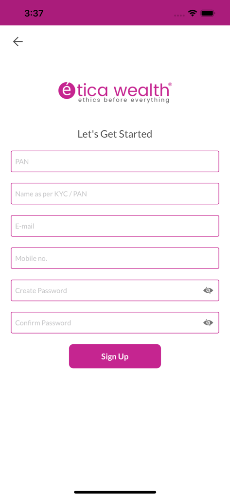 Pantalla de registro de la aplicación Etica Wealth mostrando campos para nombre PAN, correo electrónico y contraseña