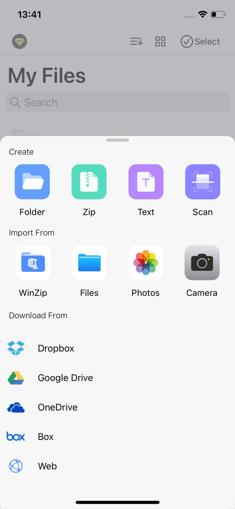 Interfaz de la aplicación WinZip que muestra opciones para crear archivos, importar desde el teléfono y descargar desde servicios de almacenamiento en la nube como Dropbox y Google Drive.