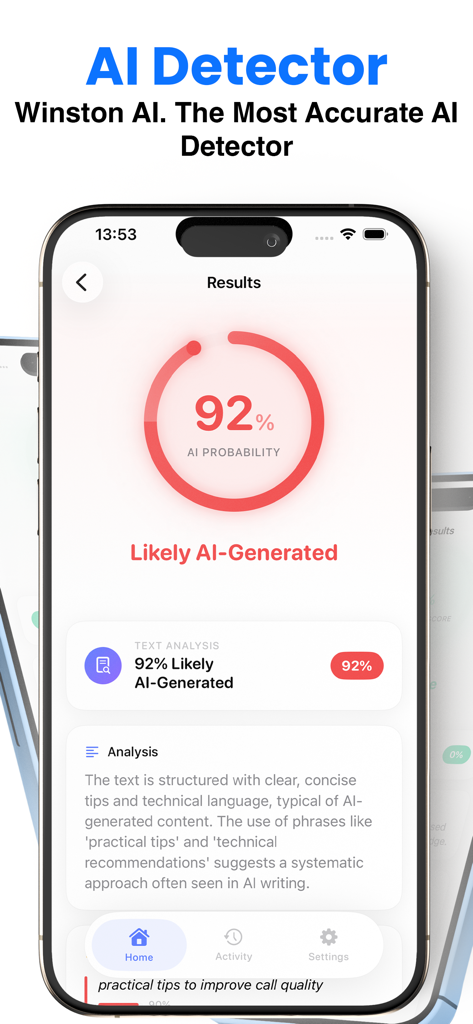 Aplicativo detector Winston AI exibindo um resultado de probabilidade de IA de 92% com um relatório detalhado de análise de texto em uma tela de celular.