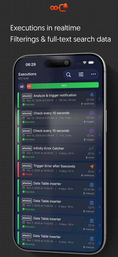 Infinity Workflows - A list of real-time n8n workflow executions and status indicators on the Infinity Workflows mobile app interface