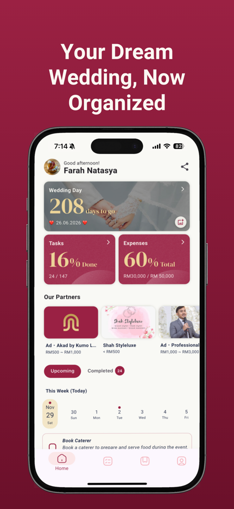 Mobile app dashboard of akad Planner showing a wedding countdown and task progress