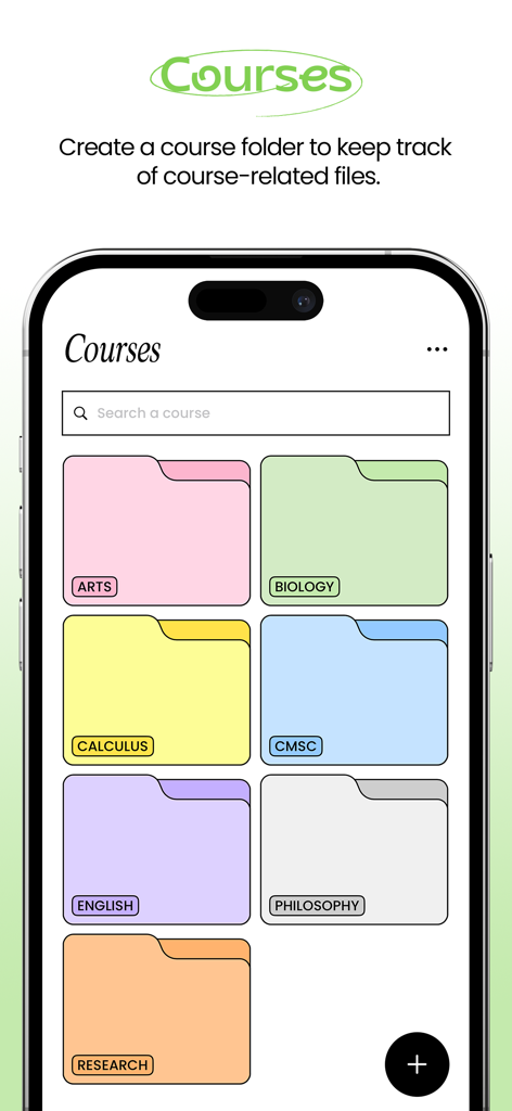 Folderly - Academic Organizer - La interfaz de la aplicación Folderly muestra una distribución limpia de carpetas de cursos de colores para materias como Arte, Biología, Cálculo e Inglés.