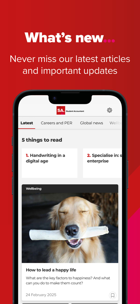 ACCA Student Accountant - The ACCA Student Accountant mobile app interface showing the latest news and wellbeing articles on a smartphone.