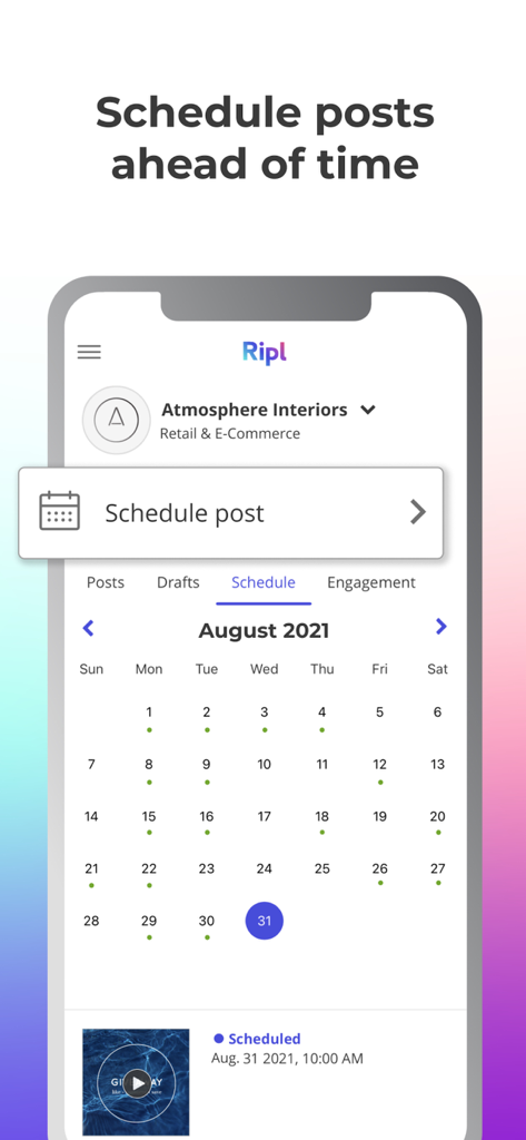 Ripl: Social Media Marketing - Ripl app interface showing a monthly calendar view for scheduling social media posts ahead of time.