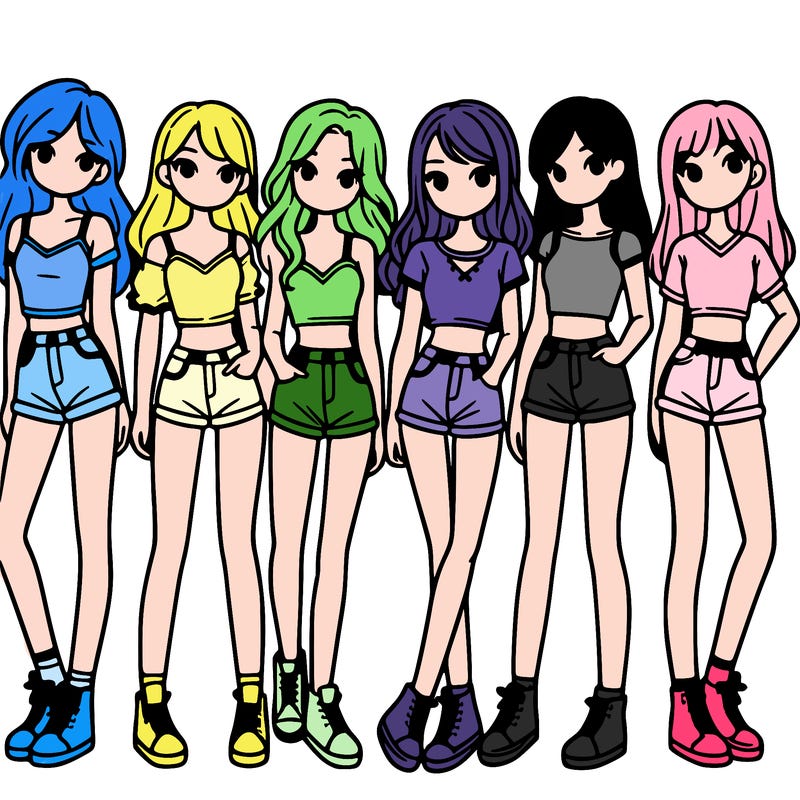 a group of girls wearing crop tops and shorts