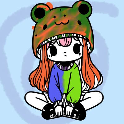 a girl wearing a frog hat and some frog socks