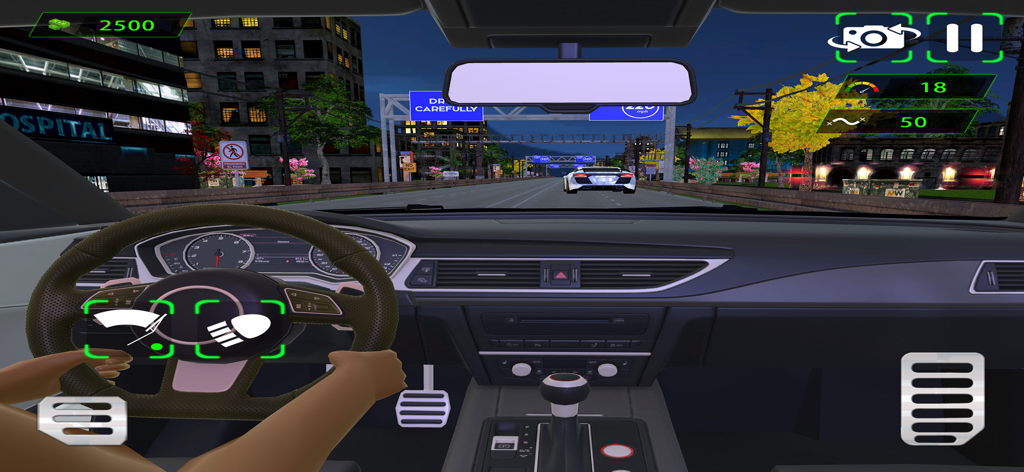 Vue cockpit à la première personne d'une voiture courant sur une autoroute urbaine la nuit dans Racing Academy Legends 2025