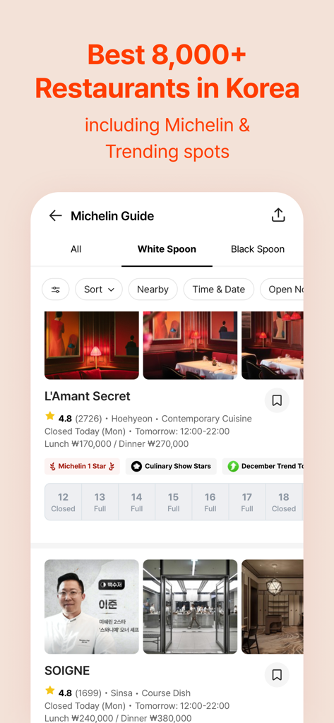 CATCH TABLE app interface showing Michelin Guide restaurant listings in Korea with reservation availability