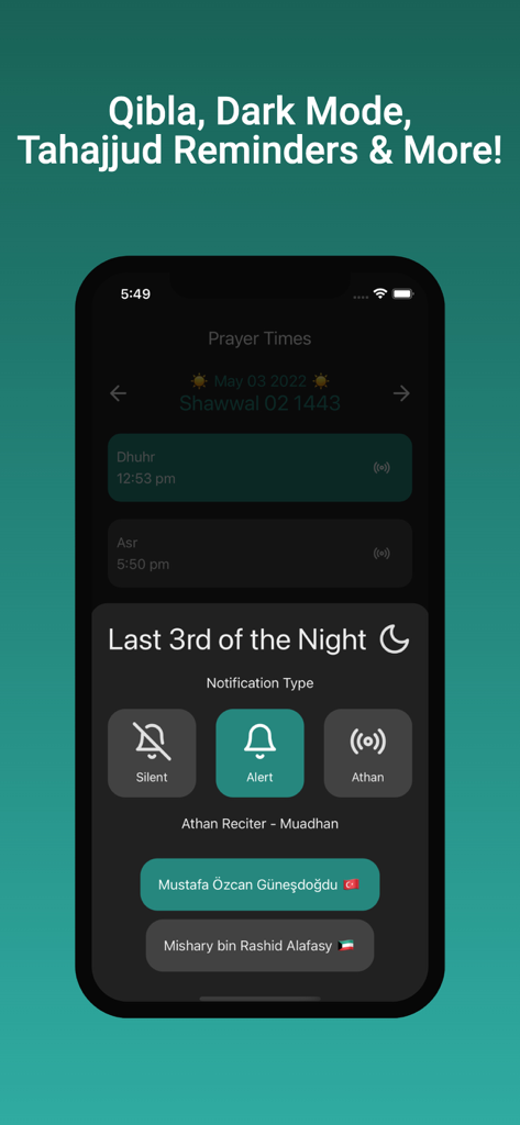 Islam App - The Muslim OS - Islam App interface displaying prayer times and notification settings for the last third of the night in dark mode.