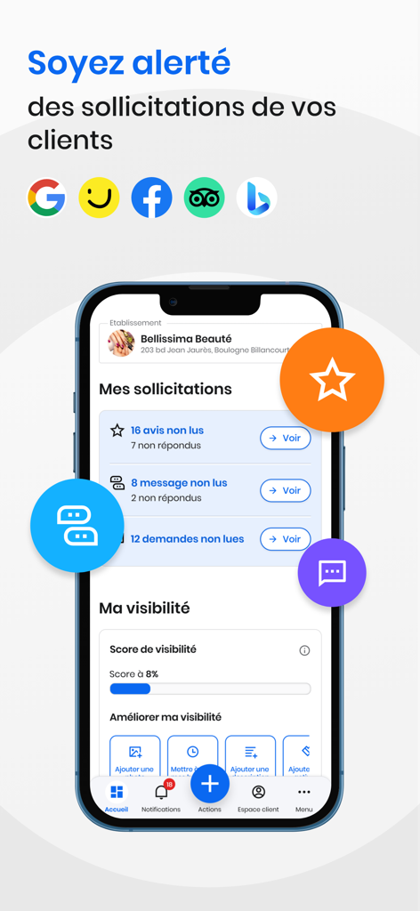 Solocal Manager - Solocal Manager app dashboard displaying real-time customer alerts for reviews and messages with a visibility score tracker