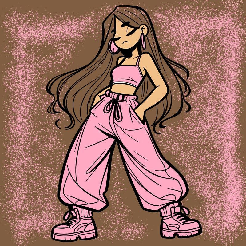 girl in baggy pants crop top and long hair