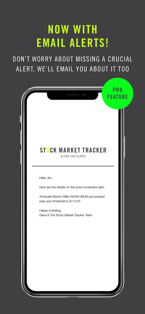 Smartphone showing an email notification for a stock price movement alert.