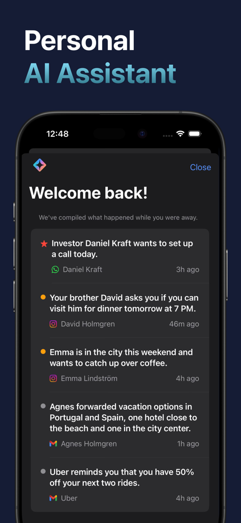Ein Screenshot der Unora-App, der einen persönlichen KI-Assistenten anzeigt, der Benachrichtigungen von mehreren Plattformen wie WhatsApp und Gmail zusammenfasst.