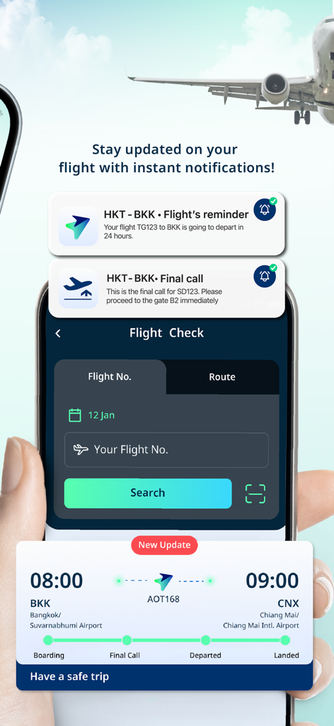 Interface of the SAWASDEE by AOT app displaying real-time flight status alerts and progress tracking.