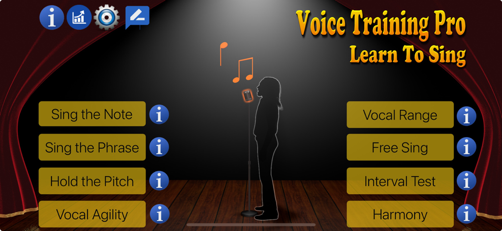Voice Training Pro - Voice Training Pro main menu with singing exercise options on a theatrical stage background