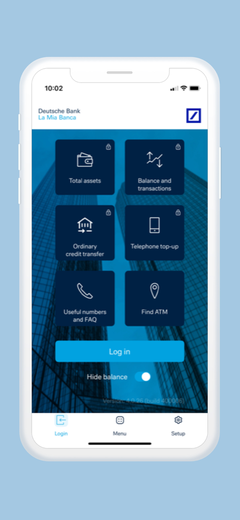 La Mia Banca - Login screen of the La Mia Banca mobile app by Deutsche Bank showing quick access banking features like assets and transactions