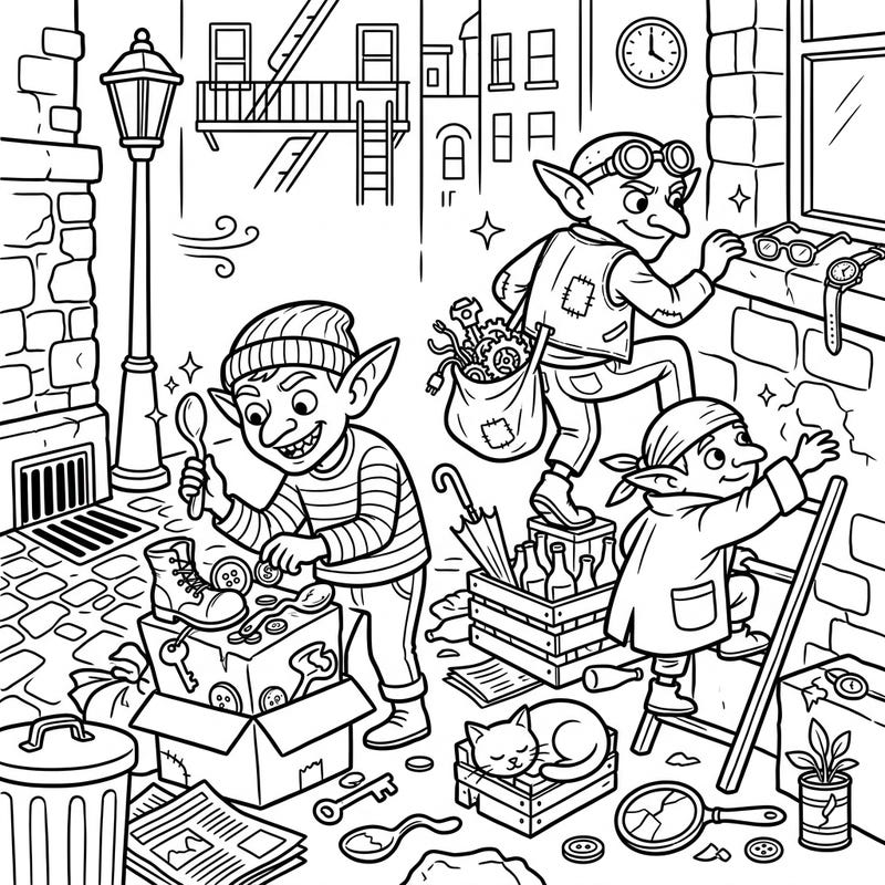 Dive into a bustling urban scene where mischievous City Goblins are busy with their latest scavenger hunt. This engaging coloring page features clear outlines and delightful details, perfect for a relaxing and stimulating activity.