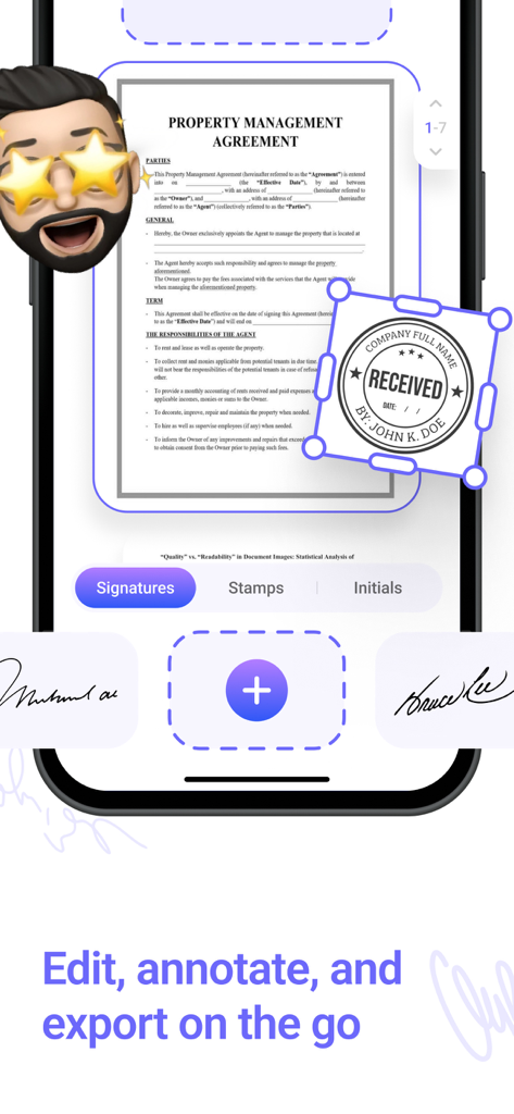 Mobile app interface for signing and stamping a property management agreement PDF