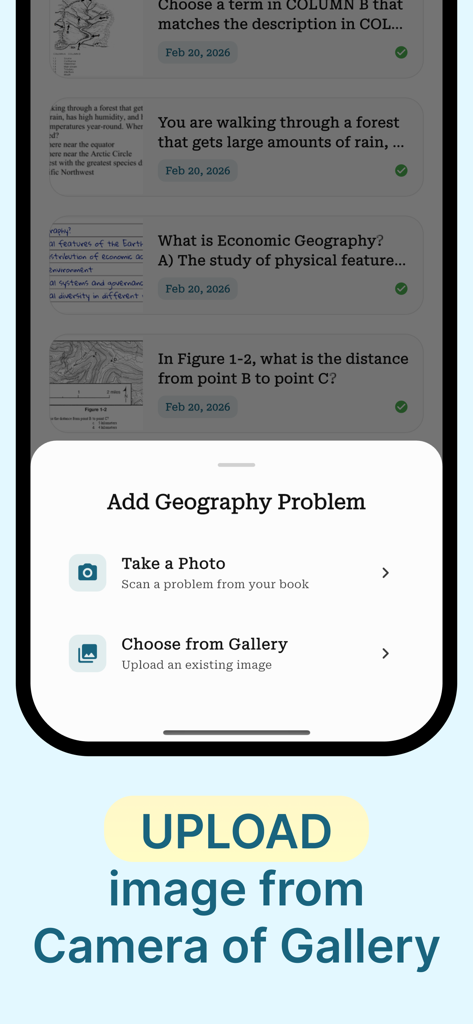 Geography AI Homework Helper - Interface for the Geography AI Homework Helper app showing options to take a photo or choose from gallery to solve a problem.