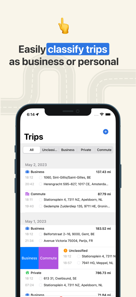 Tripbook app interface showing how to classify trips as business or personal with a swipe.