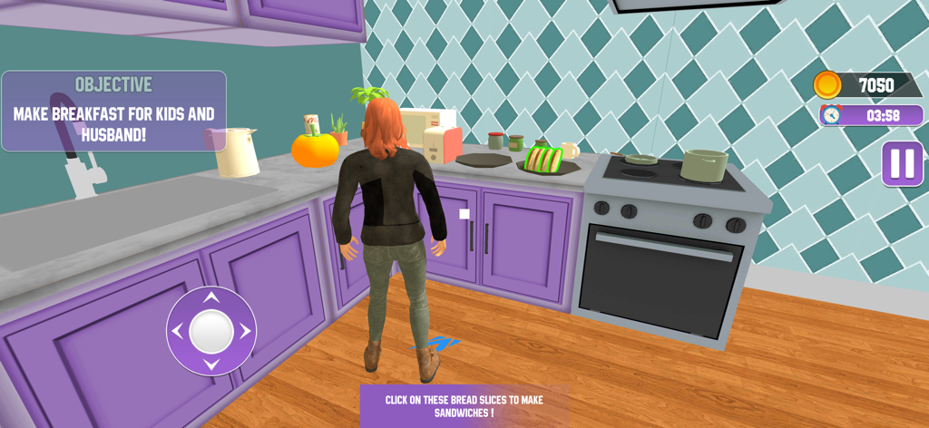 Mom Baby Care Mother Simulator - Gameplay of Mom Baby Care Mother Simulator showing a mother character in a kitchen preparing breakfast