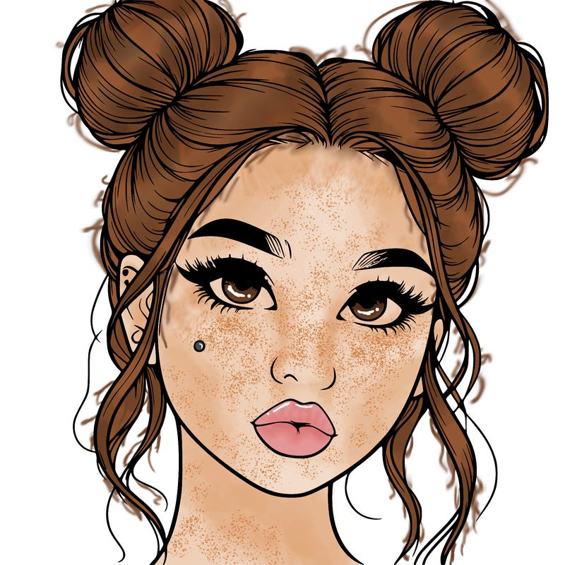 realistic girl with two buns on her hair and lips