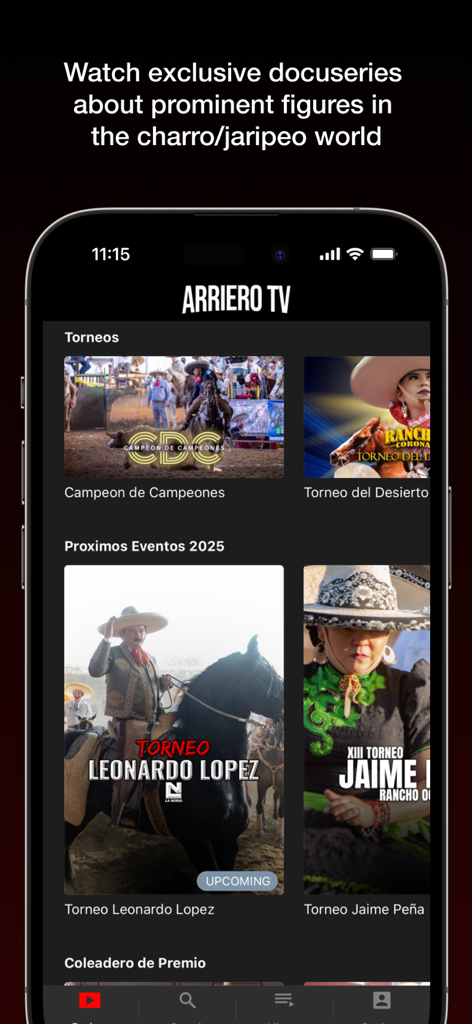 ArrieroTV - ArrieroTV 앱 인터페이스는 Jaripeo 토너먼트 및 독점 차로 다큐 시리즈를 보여줍니다