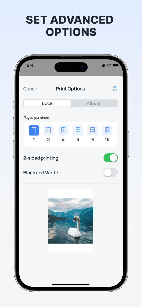 Interface of the Printer App showing advanced settings including pages per sheet and double sided printing toggles