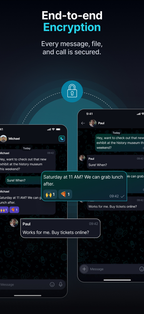 개인 메시지에 대한 종단 간 암호화를 보여주는 Keet의 모바일 앱 스크린샷.
