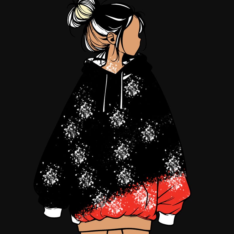 realistic girl with a oversized sweatshirt on and a bun