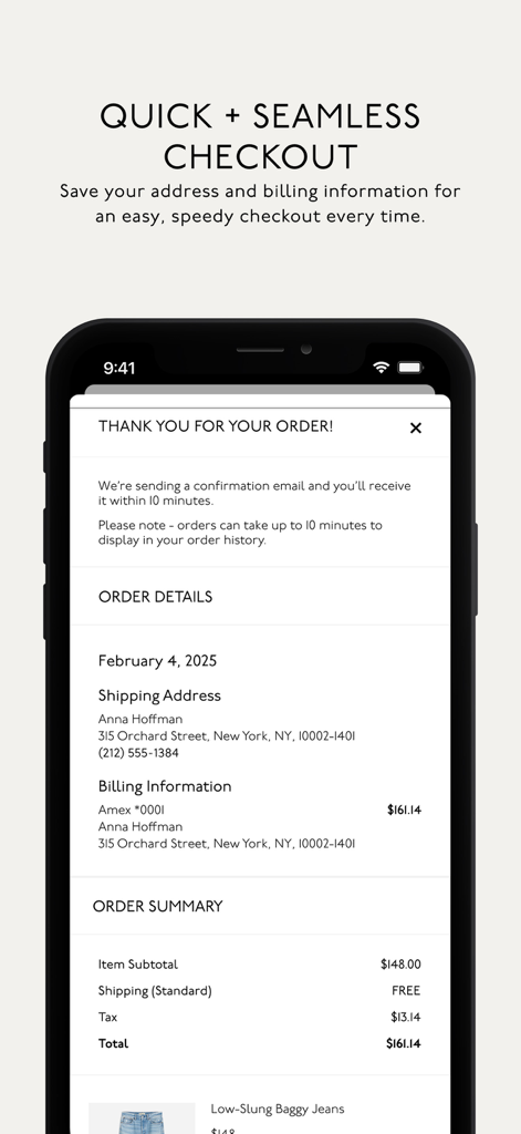 Madewell - Madewell app order confirmation screen showing a seamless checkout summary