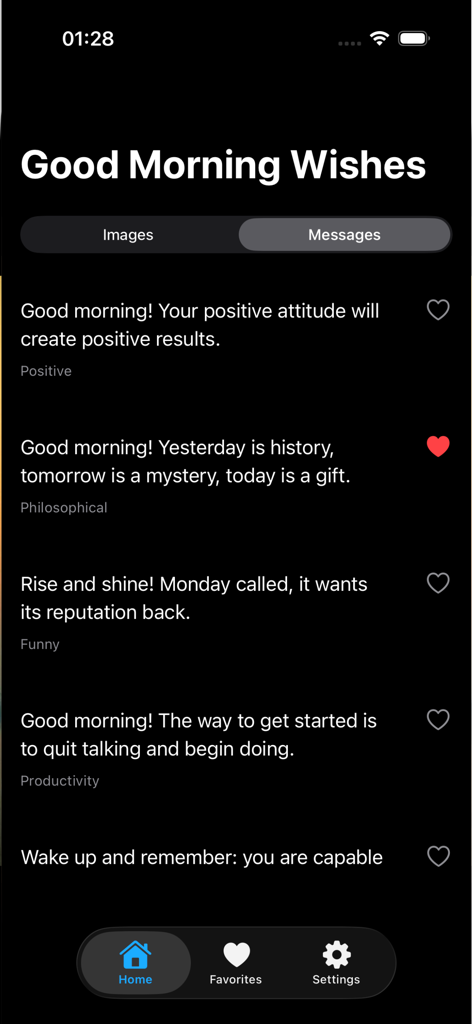 Good Morning GIFs - リスト形式でさまざまな朝の挨拶とモチベーションを高める引用を表示するおはようGIFアプリのインターフェース。