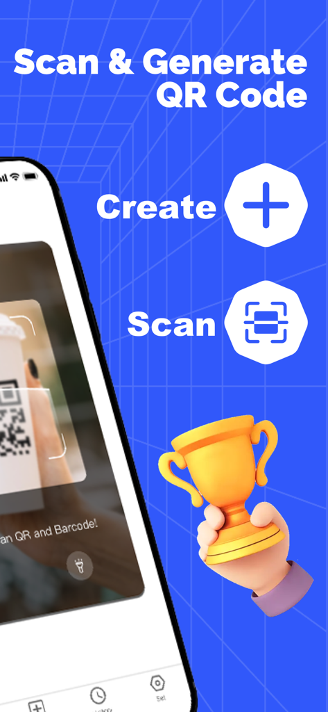 Screenshot of the app showing Scan and Generate QR Code features with a blue background and trophy icon