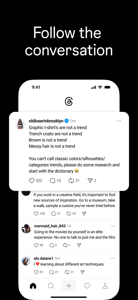 Smartphone screen displaying the Threads app feed with text based posts and social interactions