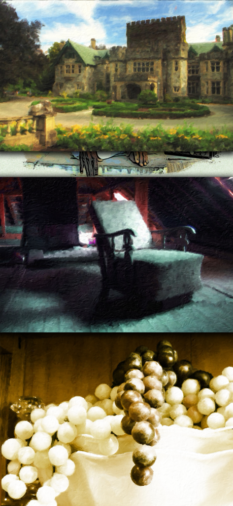 PhotoArtista - Oil - Examples of photos transformed into oil paintings showing a manor house an interior scene and a bowl of grapes