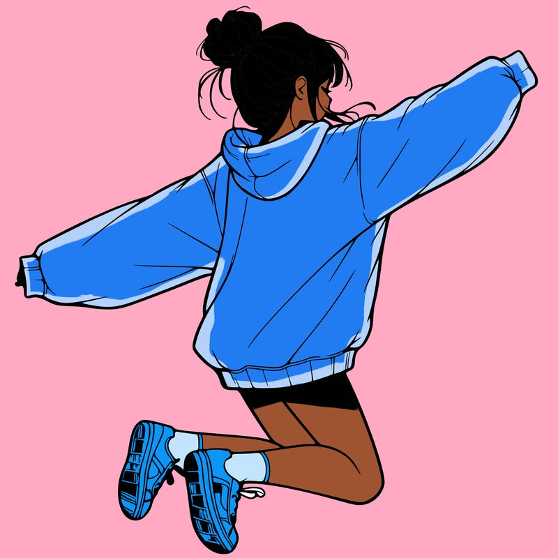 realistic girl jumping with a bun and oversized sweatshirt
