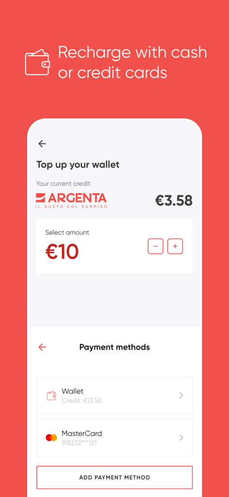 デジタルウォレットやクレジットカードでクレジット残高をチャージするオプションを表示するArgentaアプリの画面