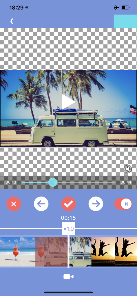Interfaccia mobile dell'editor video VBooster che mostra una timeline e controlli di regolazione della velocità per un video di viaggio in spiaggia.