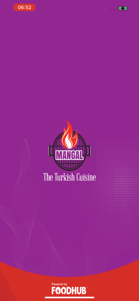 Tela de introdução para o aplicativo de pedidos de comida Mangal Turkish Cuisine, apresentando seu logotipo e fundo roxo.