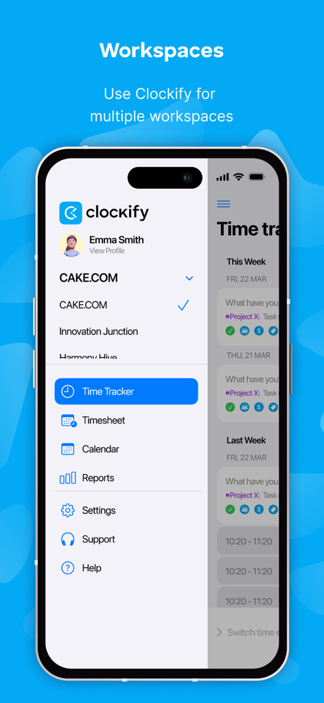 Clockify Time Tracker - Menu de navigation de l'application mobile Clockify montrant la sélection de l'espace de travail et les outils de suivi du temps