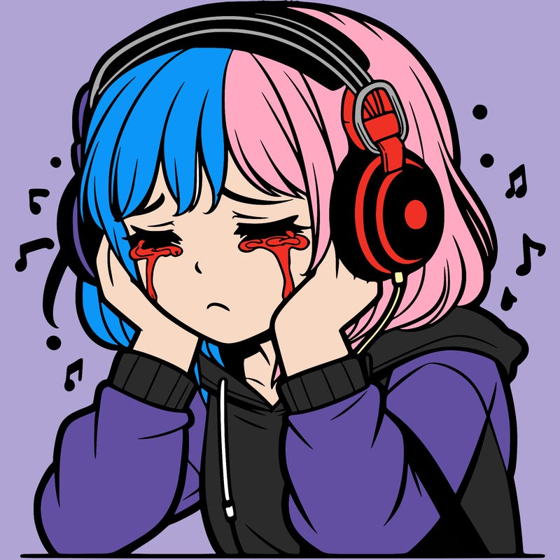 teenage girl crying with headphones
