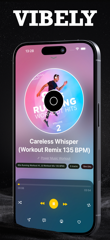 운동 리믹스 노래를 재생하는 아이폰에서 Vibely 음악 플레이어 앱 인터페이스