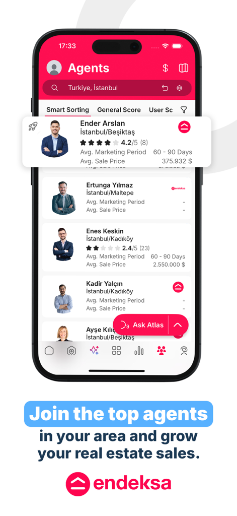 Endeksa: Value & Sell Property - Endeksaモバイルアプリの画面に、販売実績と評価のある不動産業者のディレクトリが表示されています
