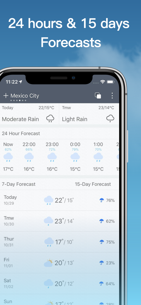 Weather- NOAA Weather Radar - Interfaz de la aplicación móvil mostrando pronósticos meteorológicos de 24 horas y 15 días para la Ciudad de México
